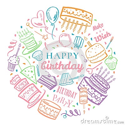 Round composition with stylized birthday elements. Cakes, wishes and decorations Vector Illustration